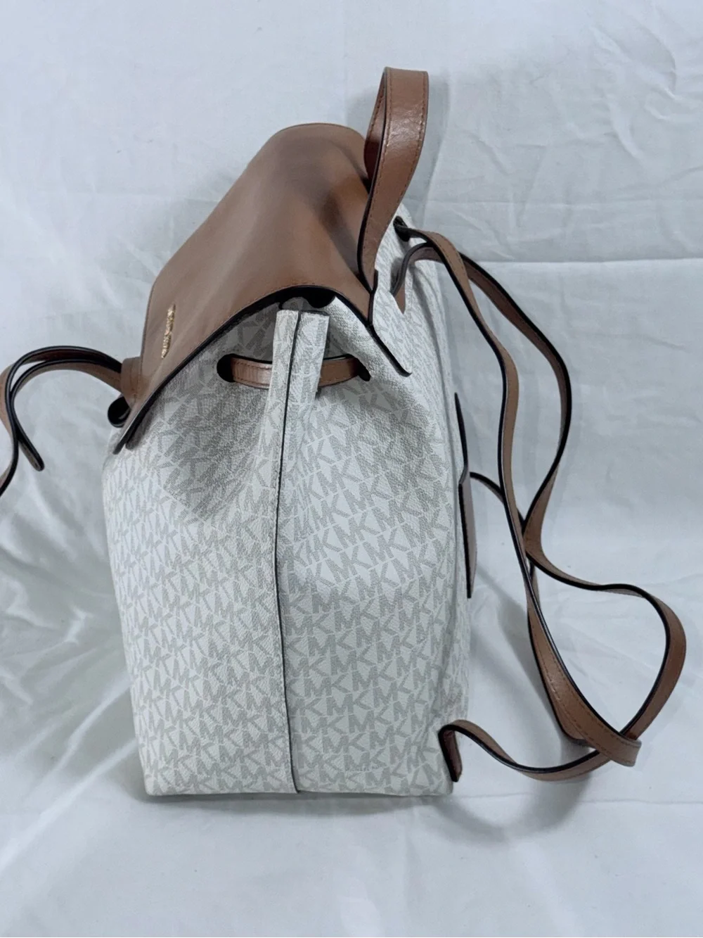 Michael Kors Junie Medium Vanilla MK Logo Drawstring Backpack Acorn Leather